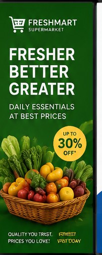 FreshMart Supermarket sample ad creative: daily essentials up to 30% off