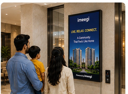 Digital screen advertising display inside a premium apartment lobby