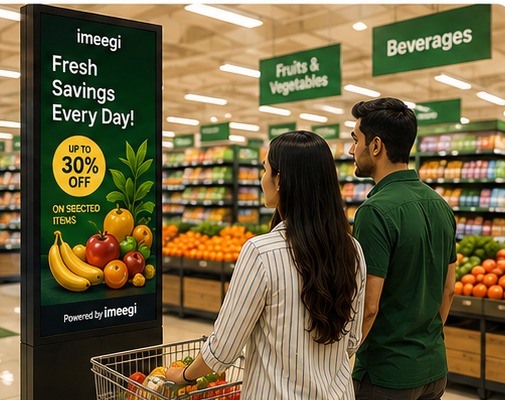 Digital screen advertising display above a supermarket aisle