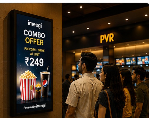 Digital screen advertising display inside a movie theatre lobby